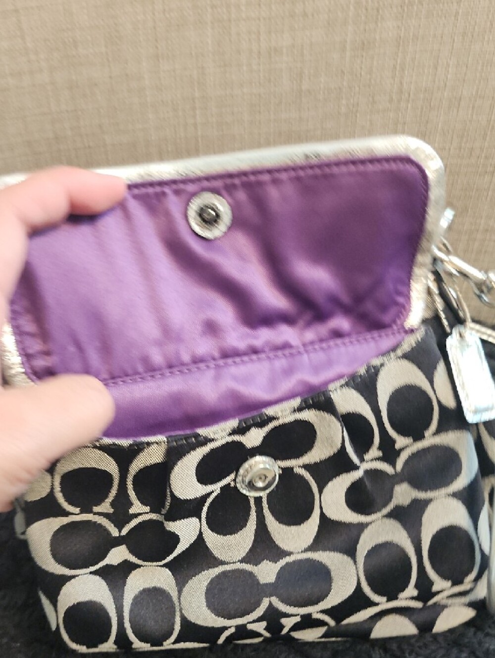 Coach Black and Beige Signature Mini Shoulder Bag with Silver Accents - Picture 6 of 6